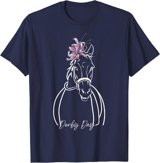 Funny Horse Racing Lover Derby Day Gift Women Derby Day Funny Horse Racing Floral Horse Equestrian T-Shirt - Navy Blue
