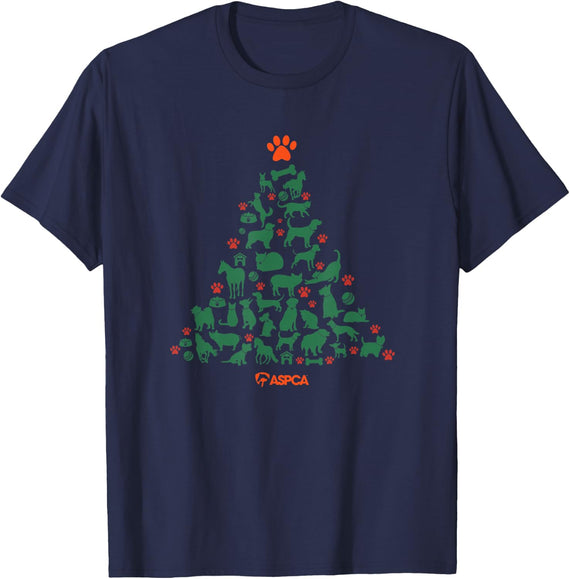 ASPCA Christmas Tree T-Shirt - Unisex-Adults, Unisex-Kids, Black, Small, Short Sleeve - Navy Blue