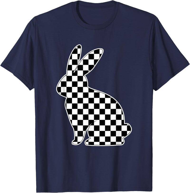 Retro Black White Checkerboard Rabbit Easter Bunny for Tween T-Shirt in Navy Blue