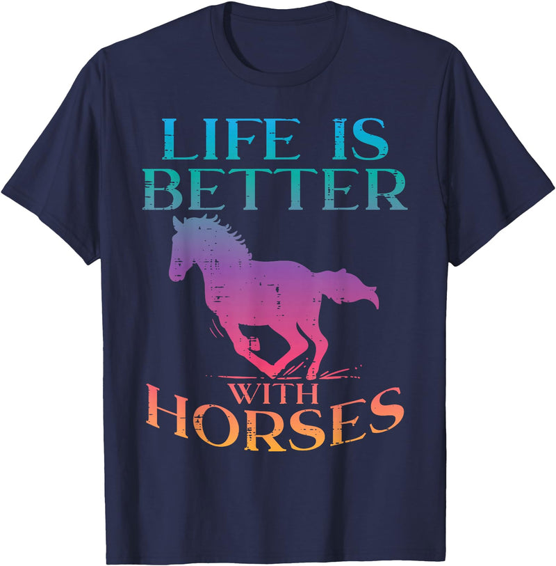 Horse Riding Shirts Women Girls Equestrian Gifts Life Is Better With Horses Rider Equestrian Men Women T-Shirt - Navy Blue