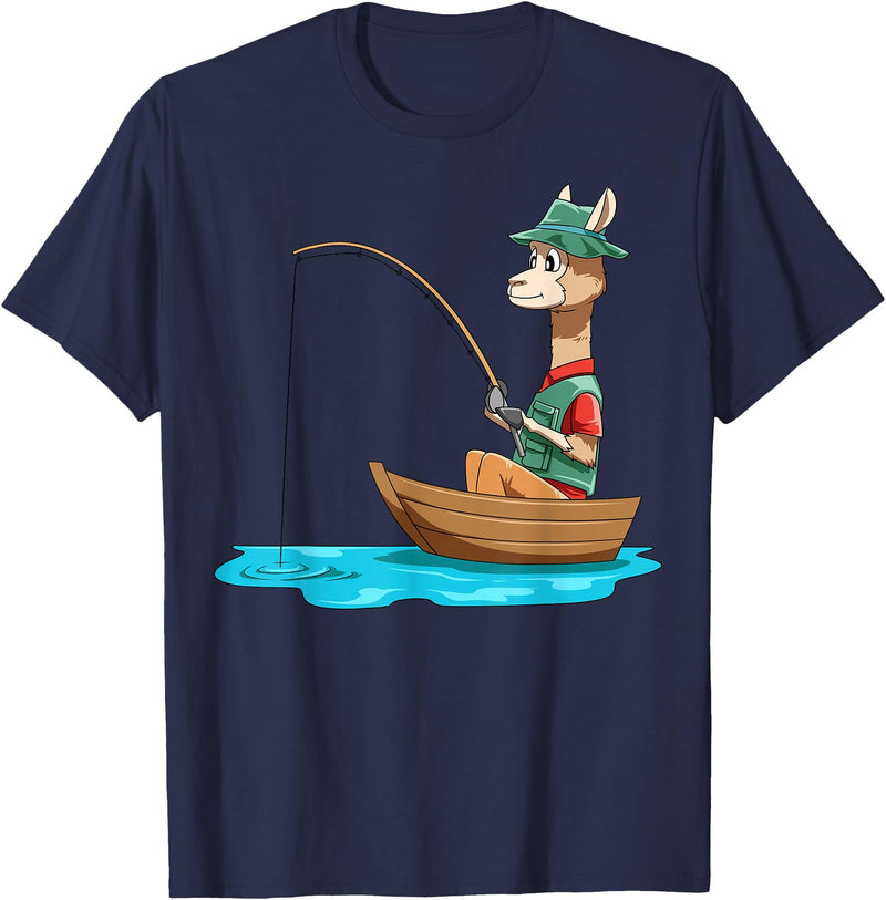 SubliminalFantasy Co. Llama Fishing Llama Fisherman Boat Fishing Lovers T-Shirt - Navy Blue