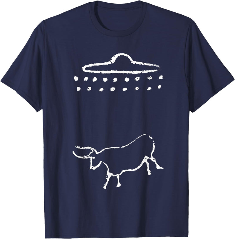 Barnum's Boutique Tees Funny Cow or Steer UFO Alien Ancient Cave Painting T-Shirt T-Shirt - Navy Blue