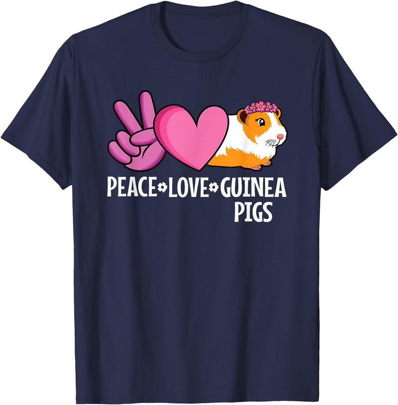 EDILILU Peace Love Guinea Pigs Cute Guinea Pig Lover Women Girls T-Shirt - Navy Blue