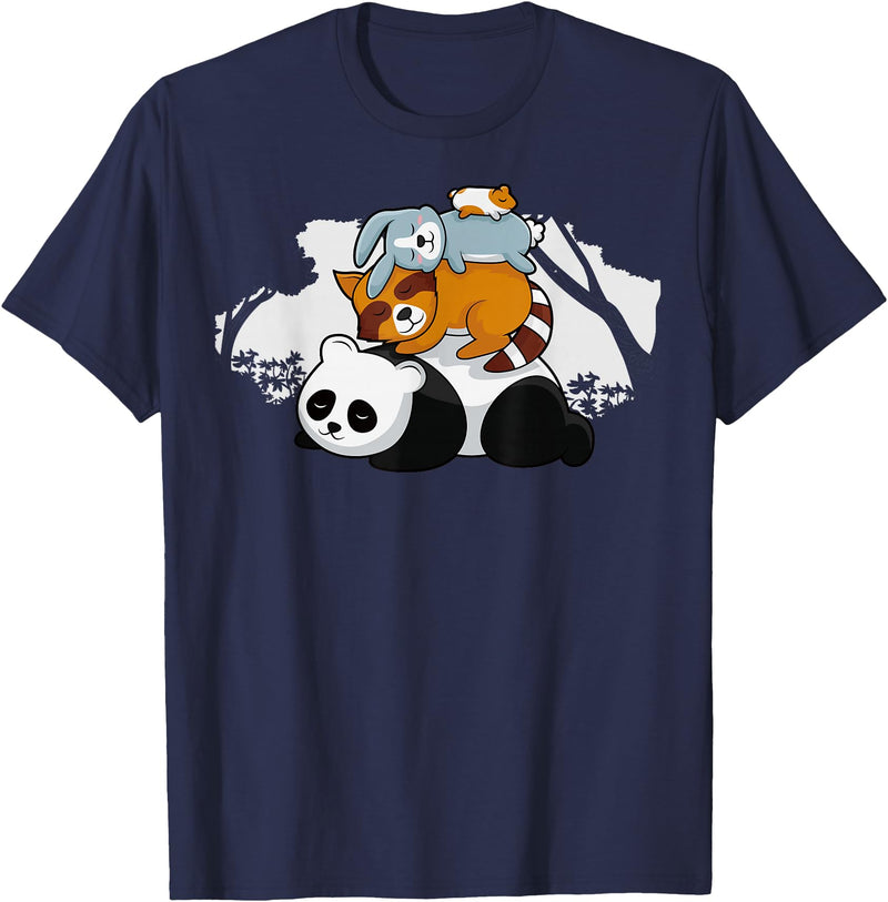 Panda Raccoon Rabbit Hamster Pyramid Cute Sleeping Animals T-Shirt in Navy Blue