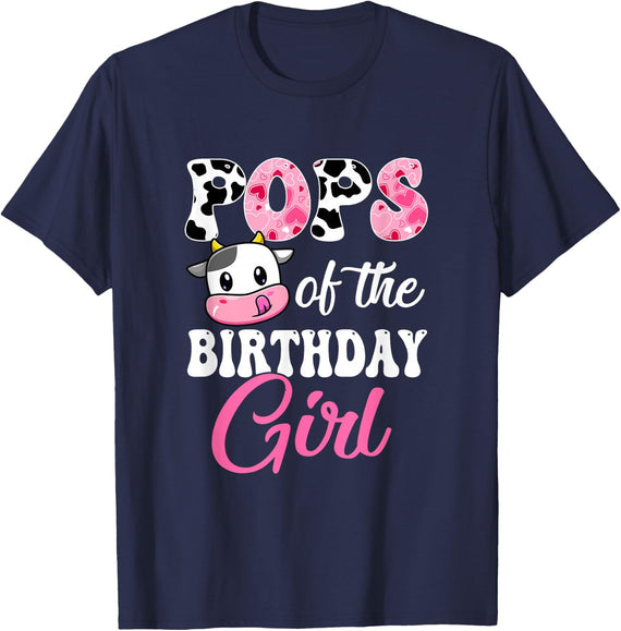 Pops Of The Birthday Girl Farm Cow 1St Birthday Girl T-Shirt - Navy Blue