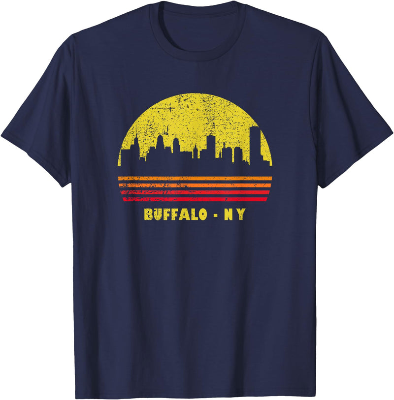 Wowsome! Vintage Retro Sunset Buffalo NY Skyline T-Shirt - Navy Blue