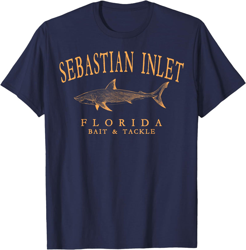 Sebastian Inlet Florida Fishing Souvenir Gifts Sebastian Inlet Florida Shark Retro Orange Art Fishing T-Shirt - Navy Blue