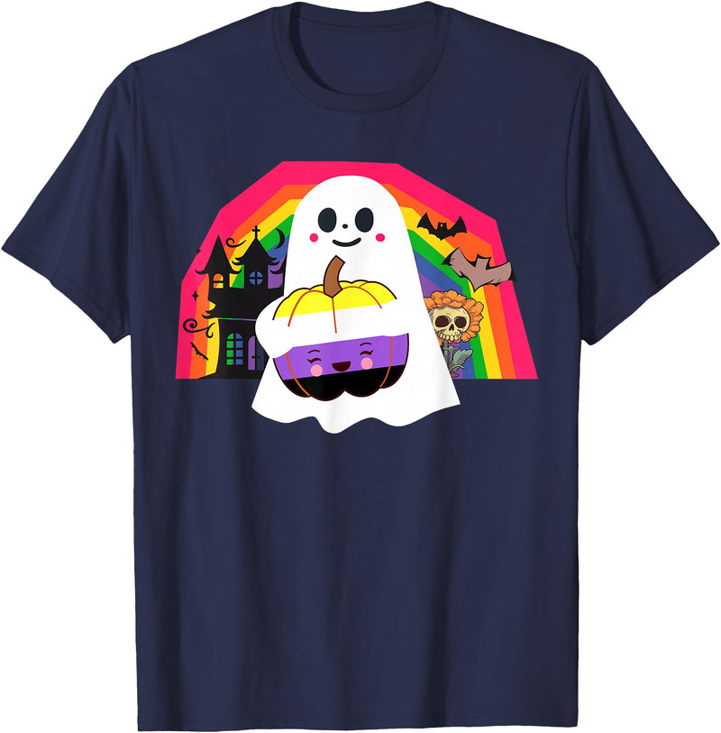 LGBTQ Nonbinary Pride Halloween Designs Non Binary LGBT Halloween Costumes Ghost Gay Nonbinary Flag T-Shirt - Navy Blue
