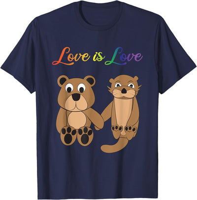 Love Is Love Bear, Otter, Rainbow LGBT Diversity Drawing T-Shirt