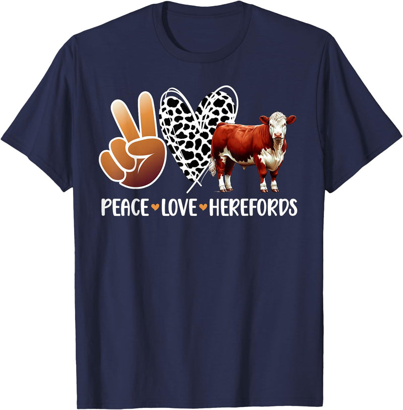 Cute Hereford Cattle Hereford Cow Boy Peace Love Hereford Cow Lover Hereford Cow Girl T-Shirt - Navy Blue