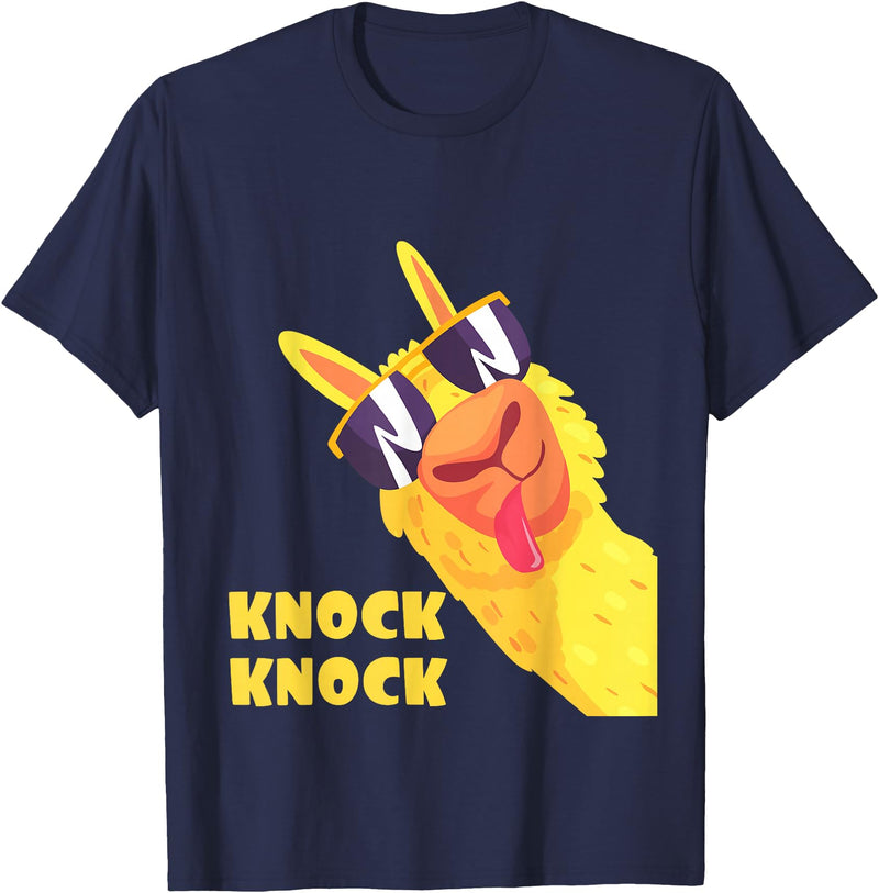 Cool Llama Humor Knock Knock Jokes Llama lovers Funny Llama Knock Knock Joke Llama With Sunglasses Alpaca T-Shirt - Navy Blue