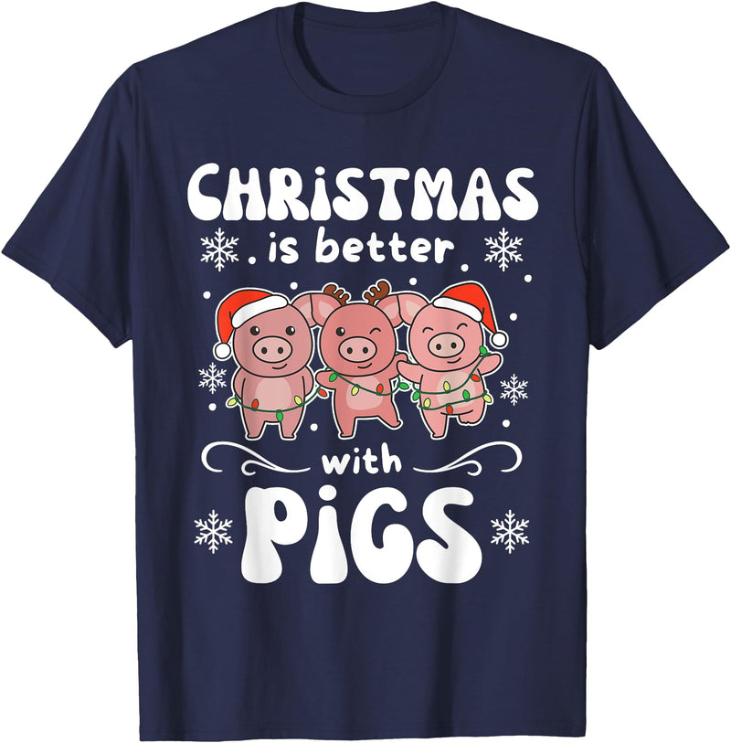 Funny Animals For Kawaii Christmas Christmas Is Better With A Pig Sweet Pig T-Shirt - Navy Blue