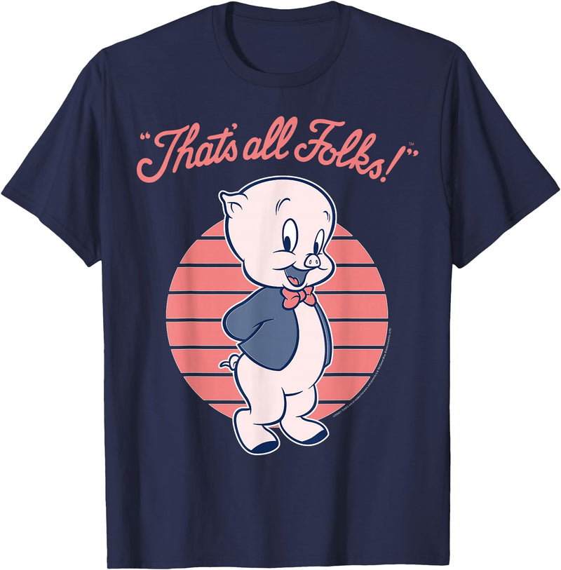 Looney Tunes Porky Pig That's All Folks Lined Portrait T-Shirt - Navy Blue
