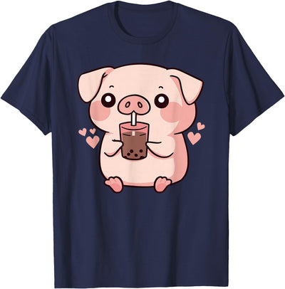 Cute kawaii cartoon pig drinking bubble tea T-Shirt