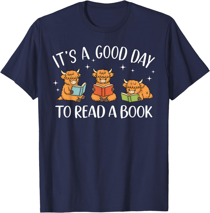 Cute Highland Cow Reading Book Lover It's A Good Day to Read A Book Highland Cow Bookworm T-Shirt - Navy Blue