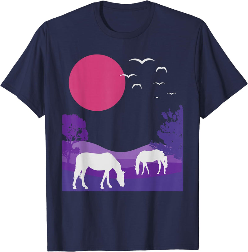 Naturfreunde Naturliebhaber Geschenke Steppe Landscape Horses Nature Minimalist Design T-Shirt - Navy Blue