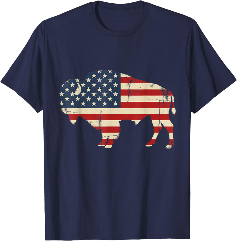 Bison American Buffalo Patriotic Heritage Lr Vintage Buffalo American Flag USA Bison Lover Wildlife T-Shirt - Navy Blue