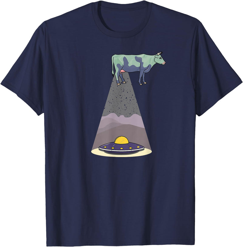 Funny Alien Abduction Cow UFO T-Shirt - Navy Blue