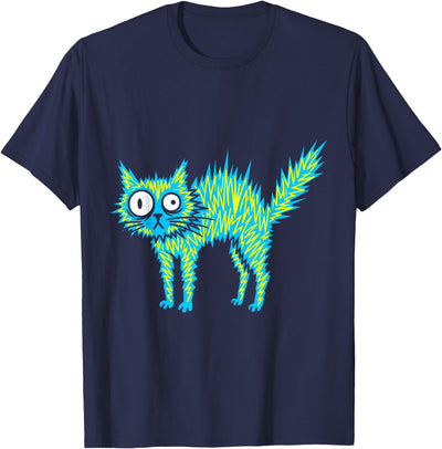 Funny Scribble Cat Minimalist Line Art Sketch Spiky Blue Cat Funny Cursed Scribble Art Zoomies T-Shirt