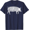 Pig Grilling Pork BBQ Bacon Lover Fun Gift Idea Lard Cuts Image Pig Parts Diagram Illustration Butcher Print T-Shirt - Navy Blue