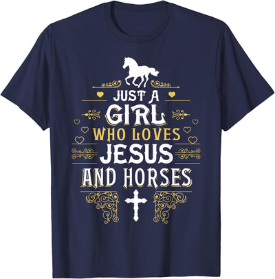 Faith Horse Lover Christian Cowgirl Christmas Tees Girl Who Loves Jesus and Horses for Daughter Sister Christ T-Shirt