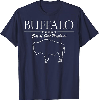 Cow Buffalo Ny City of Good Neighbors Blue Adults Small Fit T-Shirt