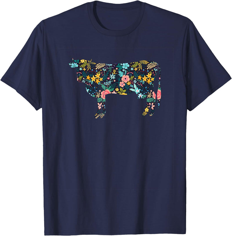 Cow Floral Silhouette Cattle Farm Lover Floral Cow Silhouette Womens Girls Cow Farm Animal T-Shirt - Navy Blue