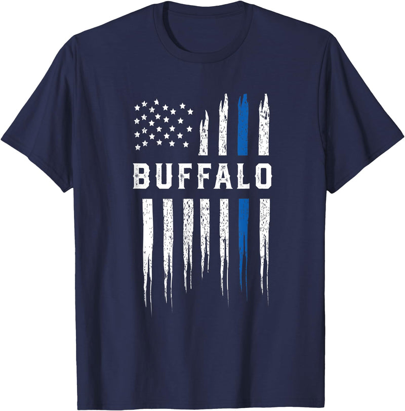 NYC Policeman American Flag Policewoman Thin Blue Line Heart Buffalo Police Officer New York Cops T-Shirt - Navy Blue
