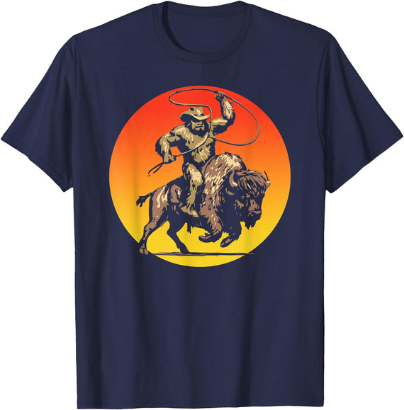 Symbiosis Supply Co. Sasquatch on a Bison Bigfoot Buffalo Outdoor Western T-Shirt - As Pictured
