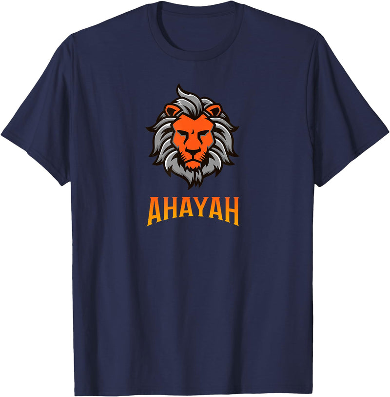 Hebrew Print Ahayah Lion of Judah T-Shirt - Navy Blue
