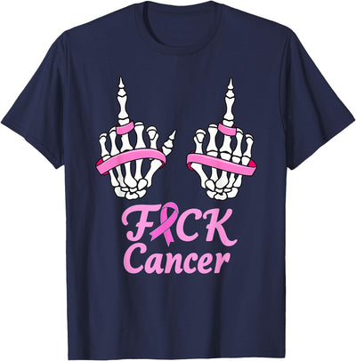 Breast Cancer Awareness Middle Finger Skeleton Fuck Cancer Pink Ribbon Skeleton Breast Cancer Halloween T-Shirt