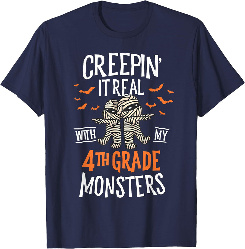 Halloween by Joy Haus Creepin It Real with My 4th Grade Monsters Halloween Teacher T-Shirt - Navy Blue