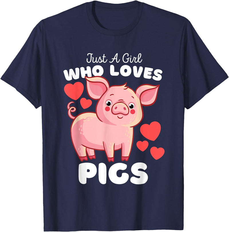 Motion Designs - Farm Animals Just A Girl Who Loves Pigs - Cute Girls Piggy T-Shirt - Navy Blue