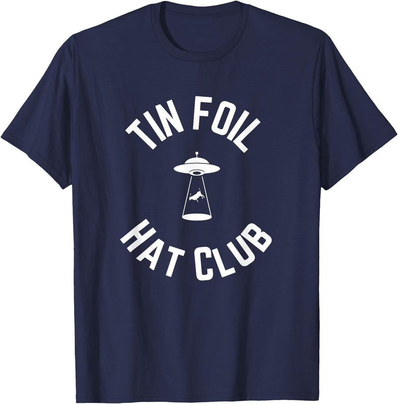 Tin Foil Hat Club with UFO Cow Abduction T-Shirt - Navy Blue