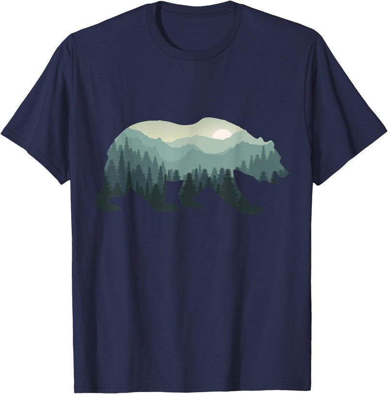 Outdoors Gift Ideas Camping Stuff Men Graphic Tees Misty Forest Bear Silhouette Wildlife Nature Lover T-Shirt - Navy Blue