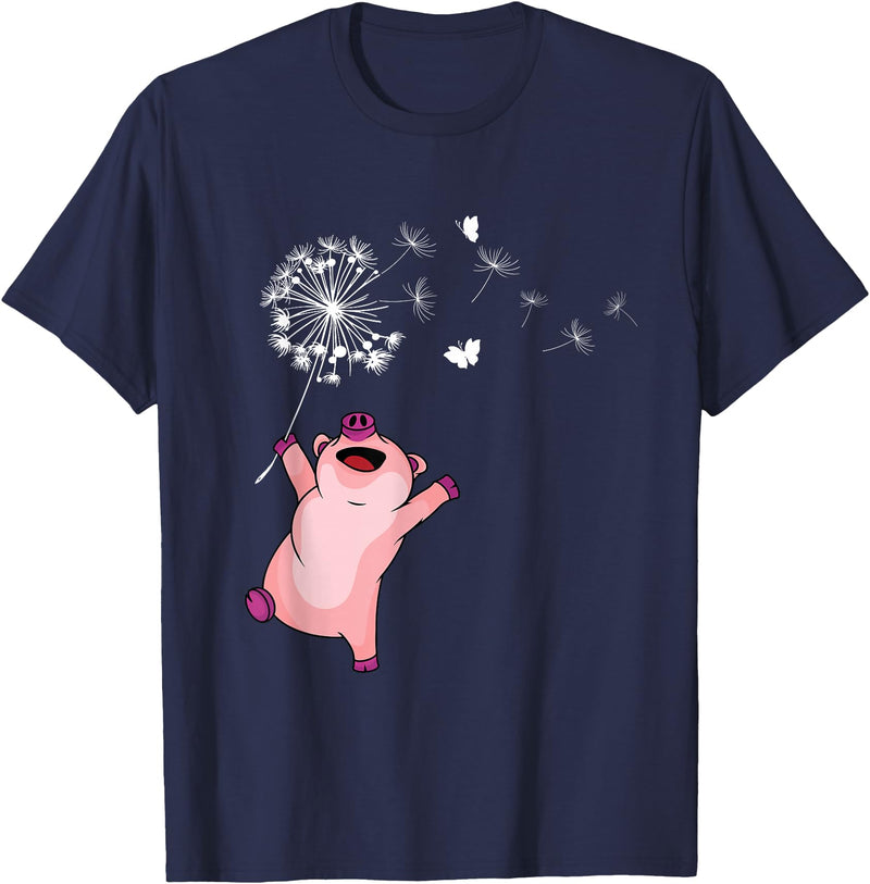 Pig Gifts For Men & Women Happy Pig Lover Kids Dandelion Nature Dancing Pig T-Shirt - Navy Blue