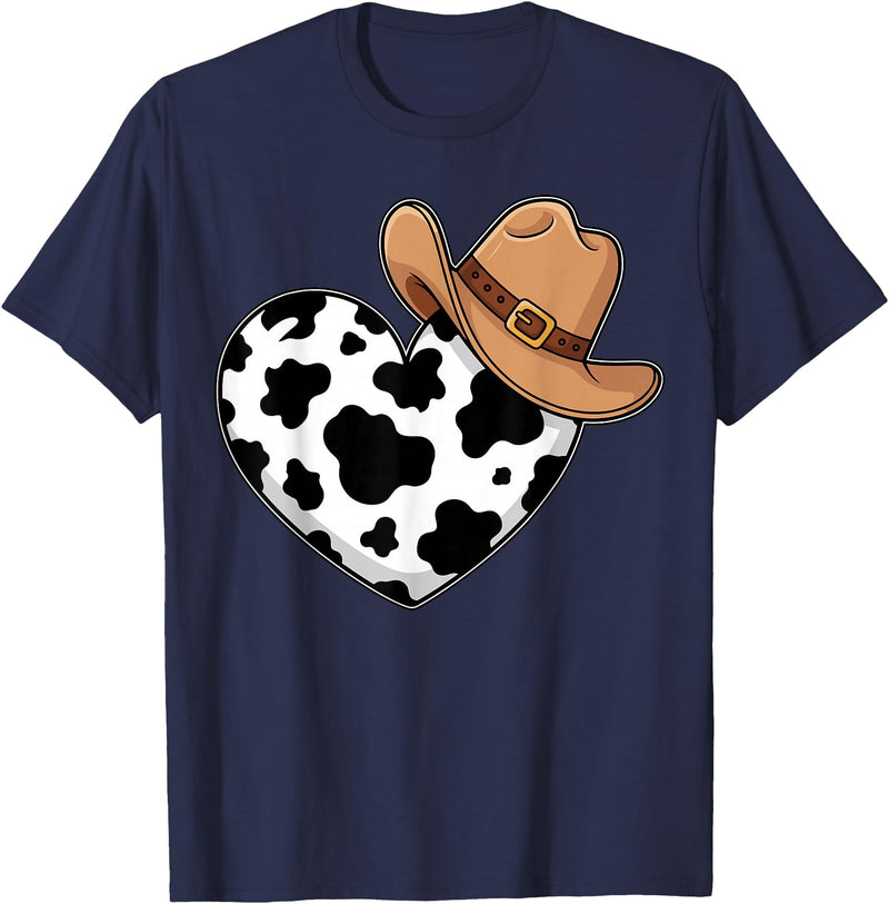 Magical and Funny Western Gifts Western Cow Print Heart Cowboy Cowgirl T-Shirt - Navy Blue