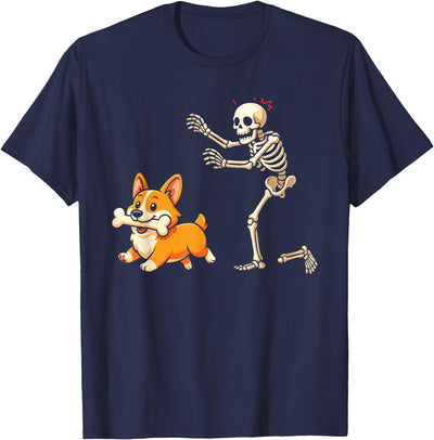 Funny Skeleton Chasing Dog Corgi Halloween Dog Funny Skeleton Chasing Corgi Dog T-Shirt