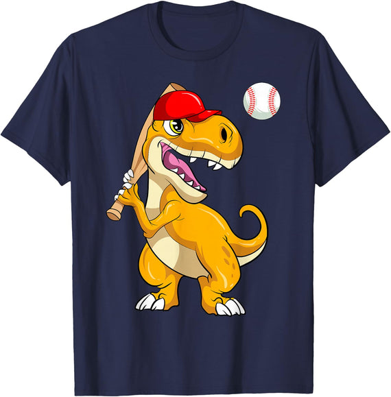 Baseball Dinosaur Kawaii T Rex Batting Baseball Player T-Shirt - Navy Blue