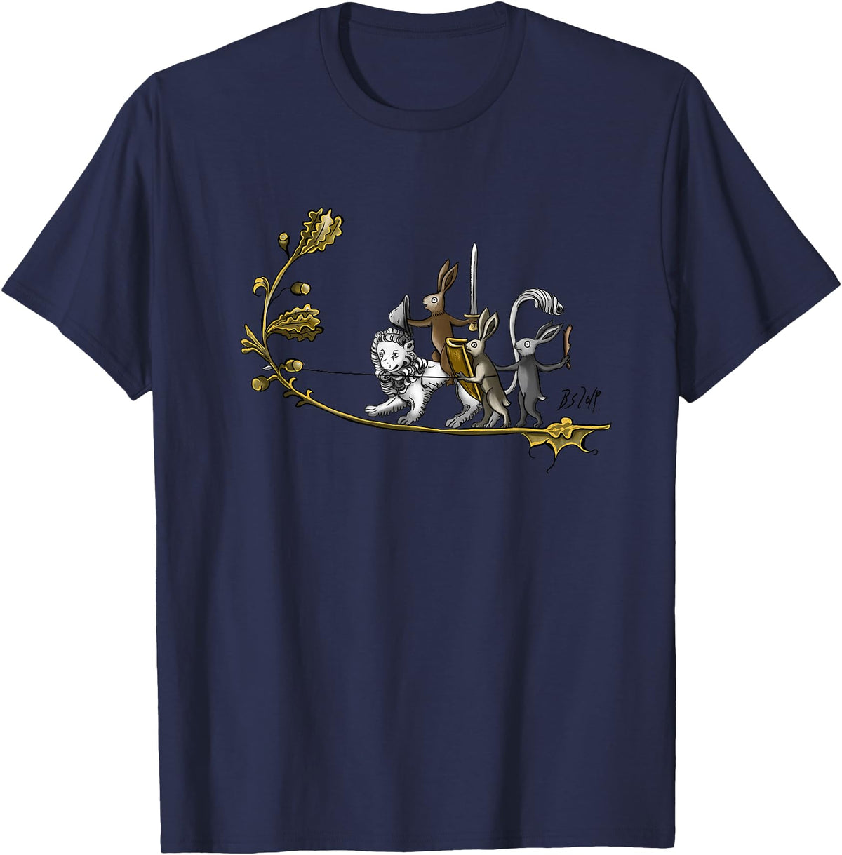 Cute Medieval Rabbits Lover Bunny Graphic T-Shirt in Navy Blue