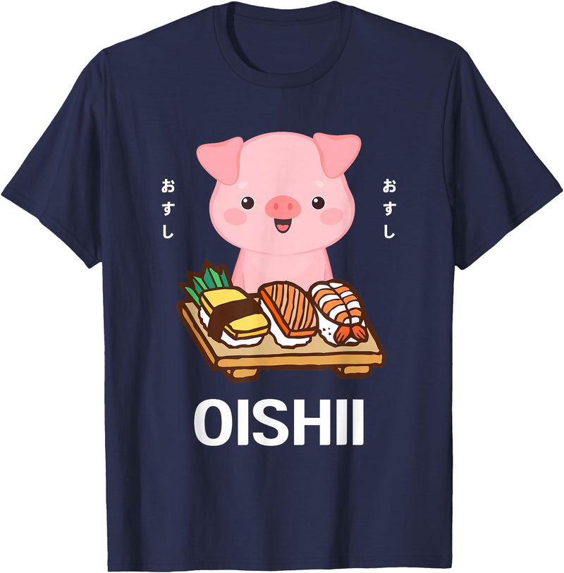 Cute Pig Eats Sushi Japanese Food Lover Cute Kawaii Pig Eats Sushi Japanese Food Lover Otaku T-Shirt - Navy Blue