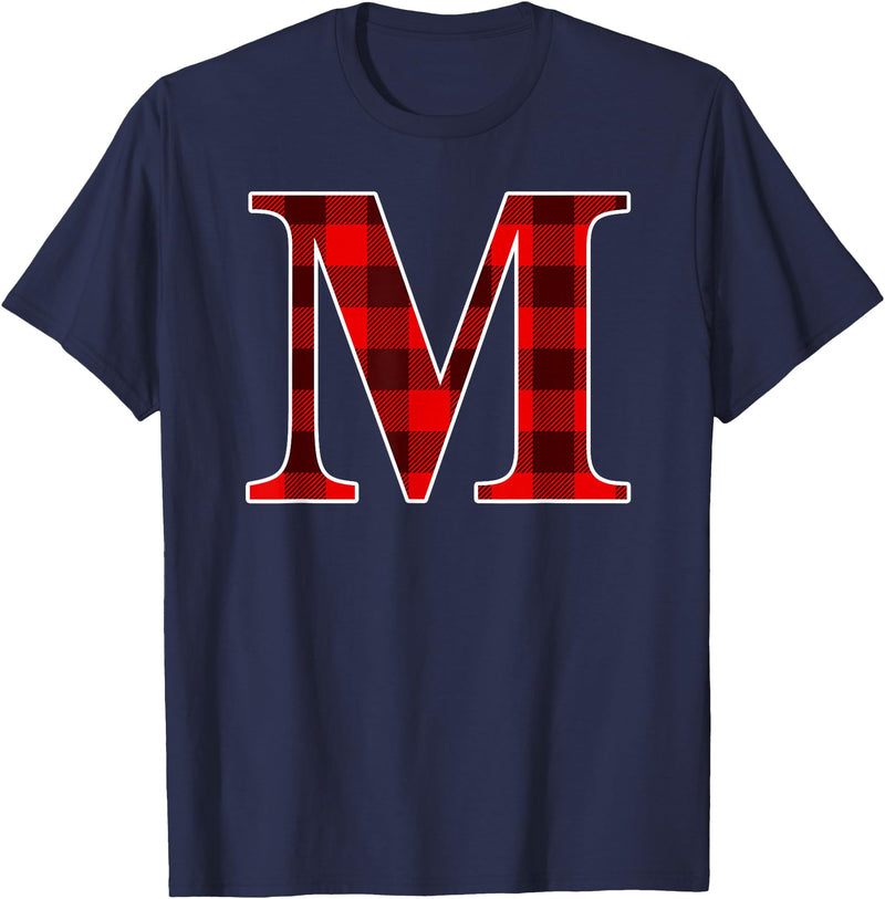 Buffalo Plaid Forever Buffalo Plaid Monogram Letter M Matching Holiday T-Shirt - Navy Blue