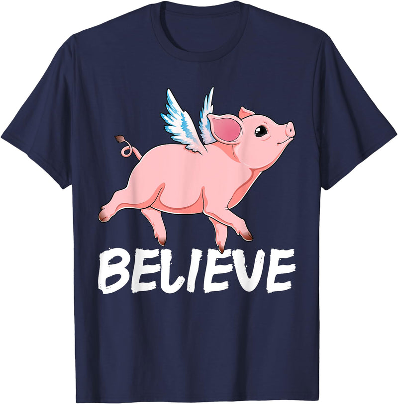 GoshWow Flying Pig Believe Pigs Fly Believe Idiom Motivational T-Shirt - Navy Blue