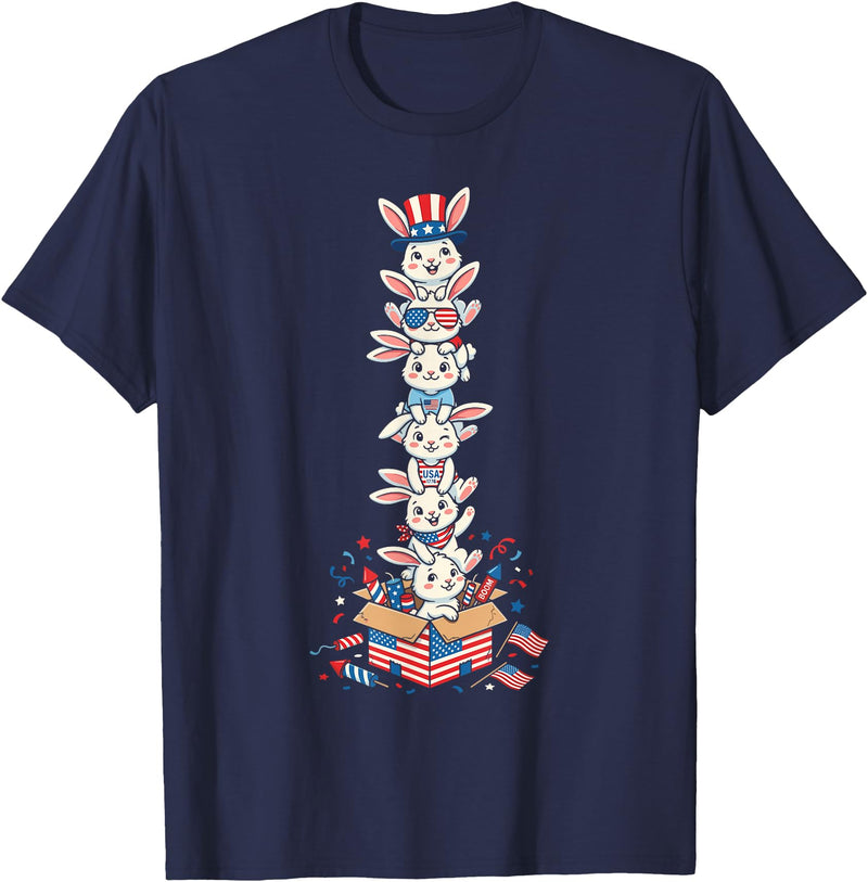 Funny Rabbit American USA Flag Memorial Day 4th of July T-Shirt in Navy Blue