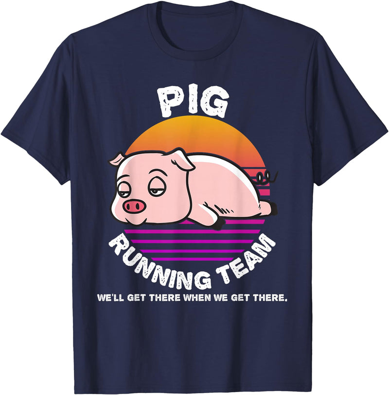 Running Shirts by CrushRetro Funny Farm Pig Running Team Shirt Kids Men Women Gift T-Shirt - Navy Blue