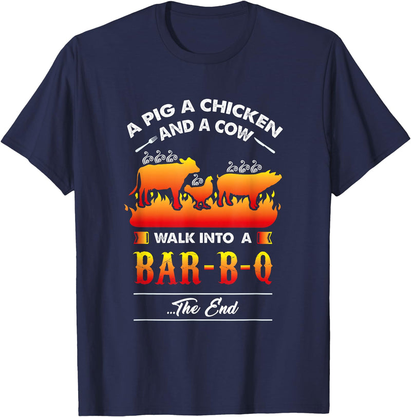anti vegan shirt I funny bbq bacon fans A Pig, A Chicken, And A Cow Walk Into A Barbecue Bar-B-Q T-Shirt - Navy Blue