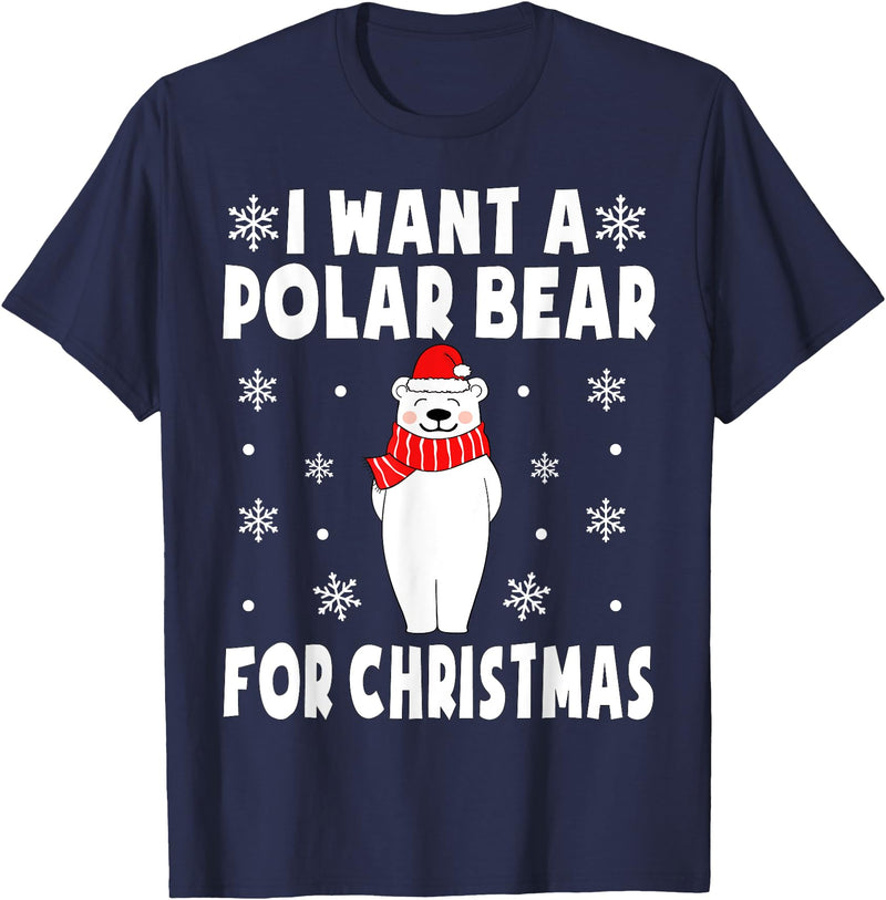 Polar Bear Christmas Pajamas Toddler Boys Girls I Want A Polar Bear For Christmas Polar Bear Pajamas Kids T-Shirt - Navy Blue