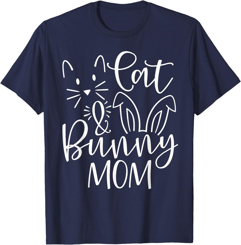 Cute Cat and Bunny Mom Design - Rabbit and Cat Owner T-Shirt in Navy Blue