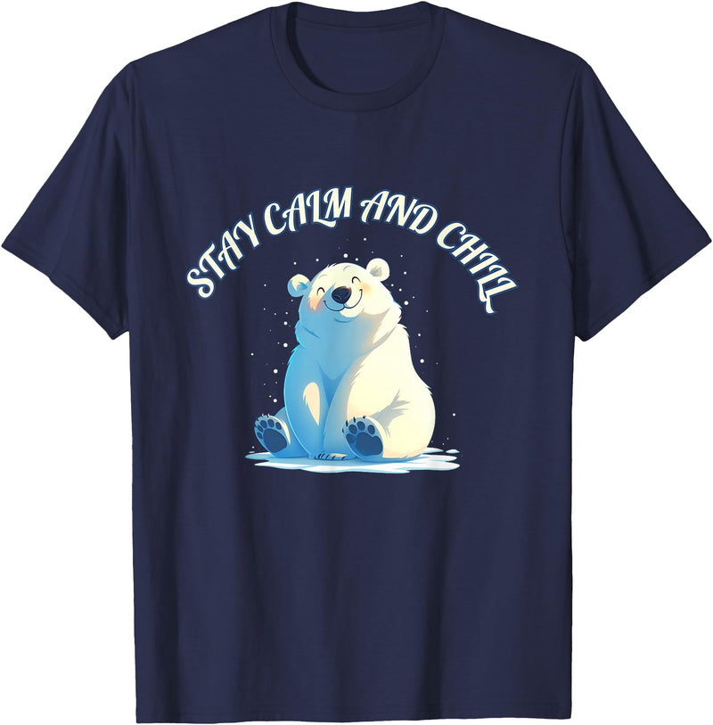 Relaxing Stress Free Designs Stay Calm Chill Out Polar Bear T-Shirt - Navy Blue