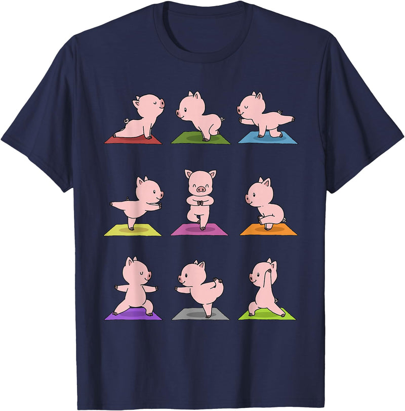 Sporty Animals & Meditating Pets Pig Yoga T-Shirt Funny Piglets In Yoga Poses Sports Tee T-Shirt - Navy Blue